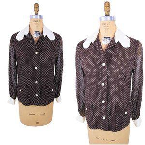 Vintage 1960s Brown Polka Dot Top Sheer Sleeve Blouse | B 39"